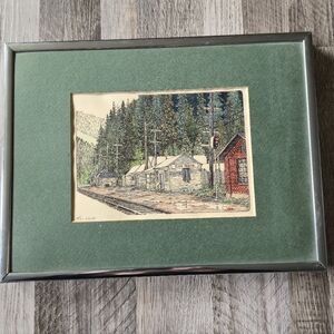 Vintage Framed Pen Sketch Ron Wiebe "East Portal" Train Station Railroad Signed